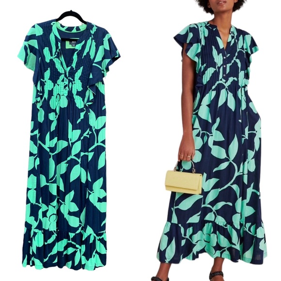 Maeve Dresses & Skirts - ANTHROPOLOGIE MAEVE Cassandra Blue Green Floral Flutter Sleeves Maxi Dress Sz M